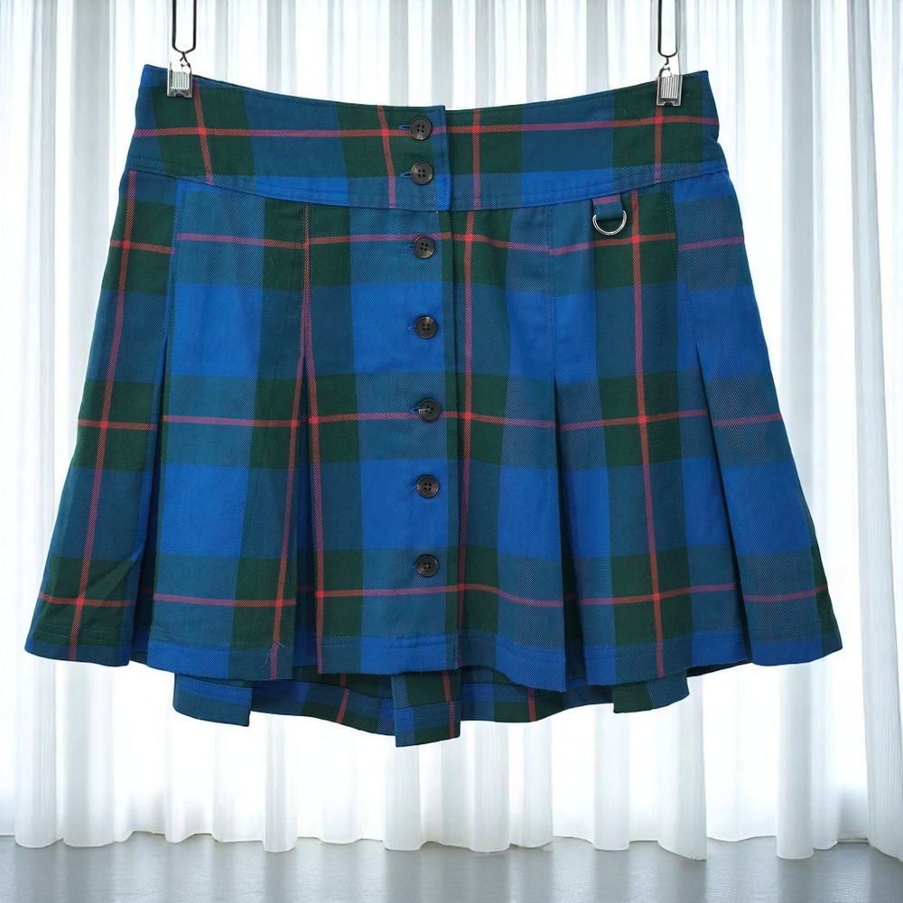 SO Plaid Pleated Skirt Woman Size 13 Button Front Blue Green Red Schoolgirl Y2K